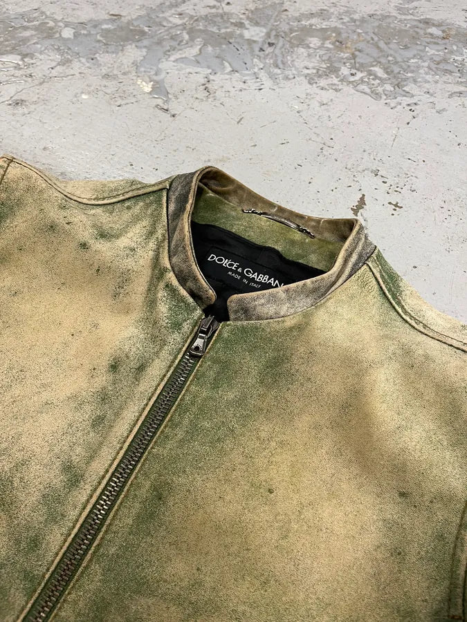 2000s Dolce & Gabbana Faded Green Eroded Leather Moto Jacket msLWcDr 4