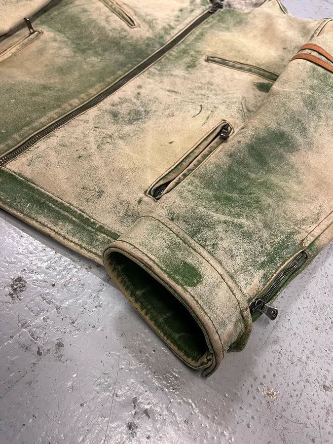 2000s Dolce & Gabbana Faded Green Eroded Leather Moto Jacket msLWcDr 5