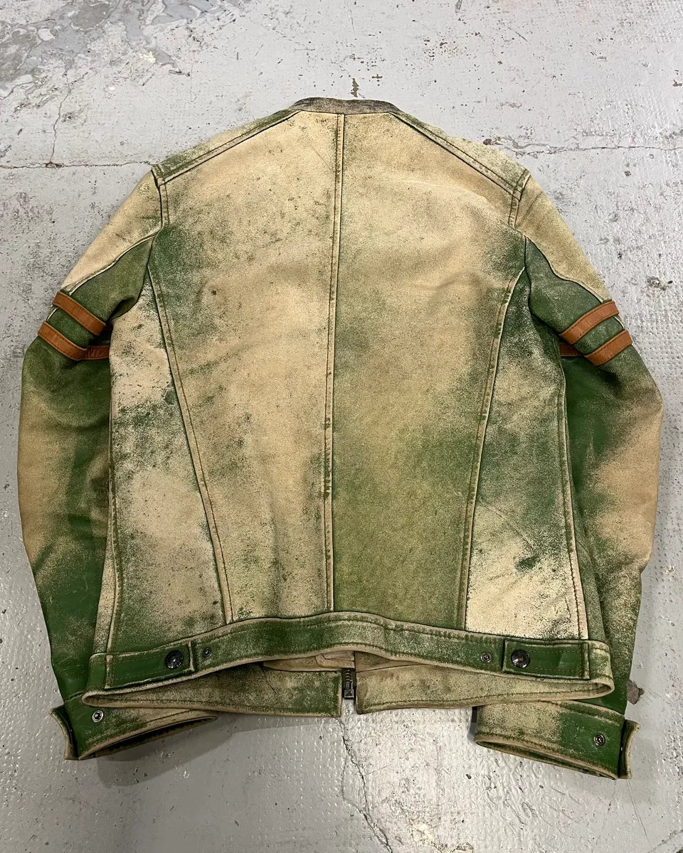 2000s Dolce & Gabbana Faded Green Eroded Leather Moto Jacket msLWcDr 6