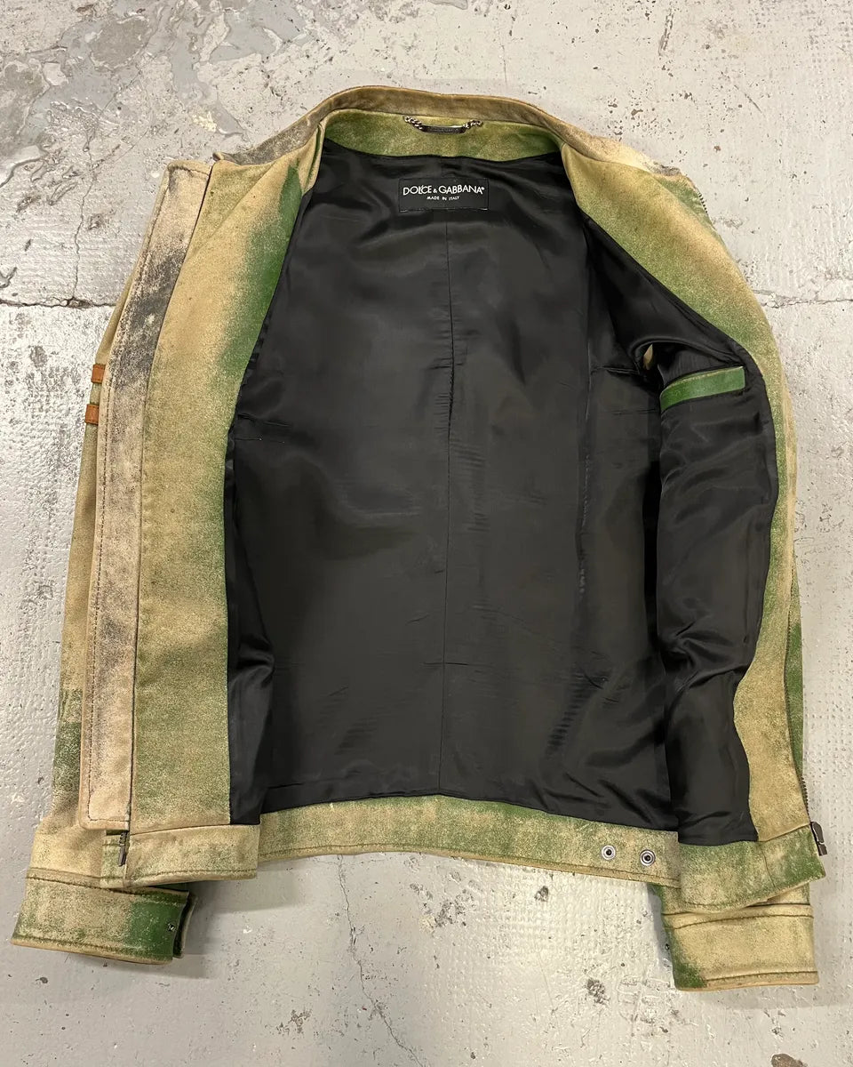 2000s Dolce & Gabbana Faded Green Eroded Leather Moto Jacket msLWcDr 7