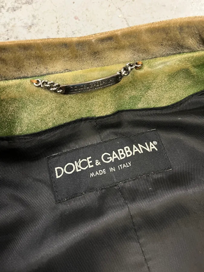 2000s Dolce & Gabbana Faded Green Eroded Leather Moto Jacket msLWcDr 8