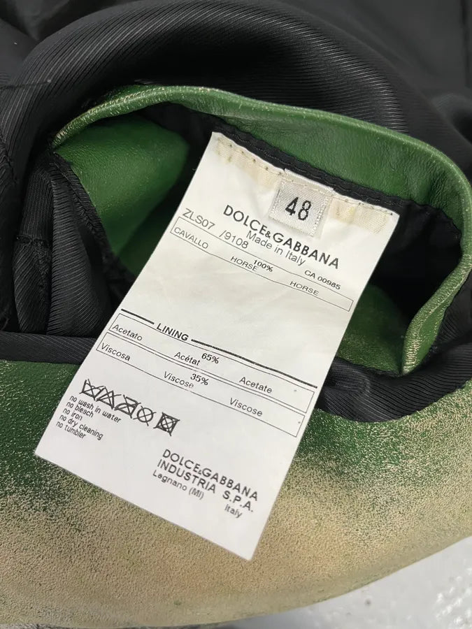 2000s Dolce & Gabbana Faded Green Eroded Leather Moto Jacket msLWcDr 9