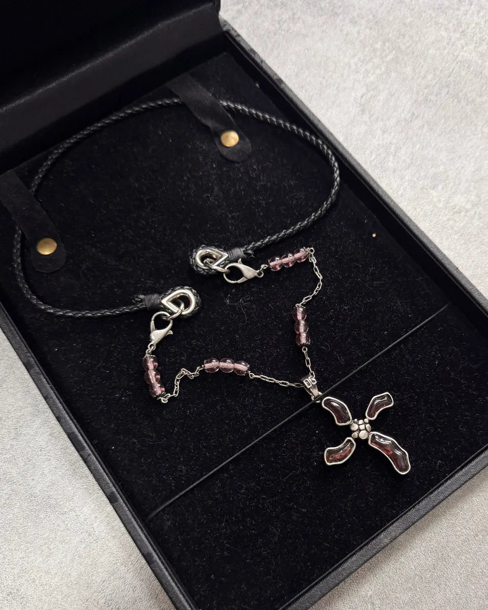 2000s Dolce & Gabbana Fantasy Cross Pendant Hybrid Leather and Steel Necklace (OS) 0