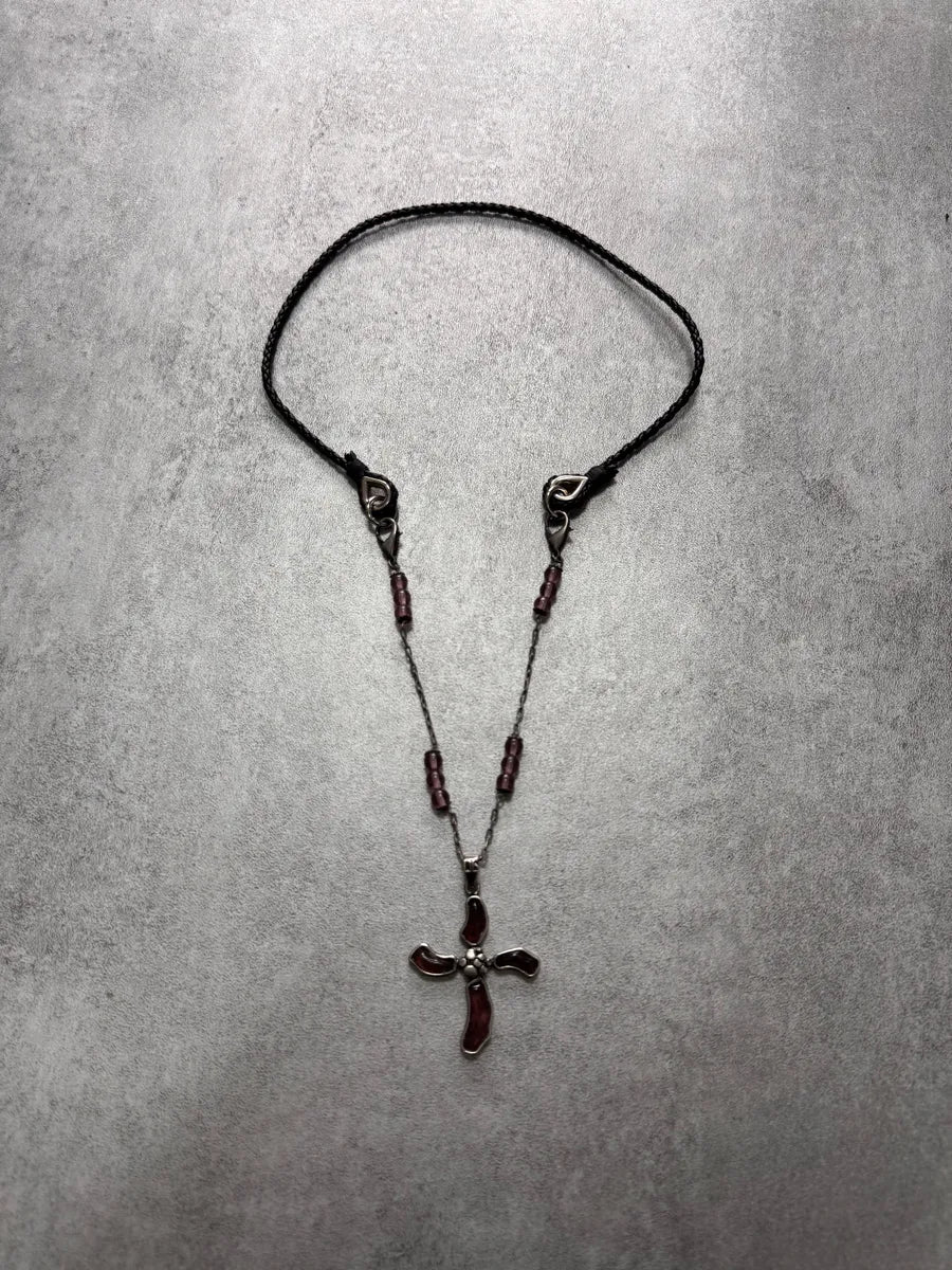 2000s Dolce & Gabbana Fantasy Cross Pendant Hybrid Leather and Steel Necklace (OS) 1
