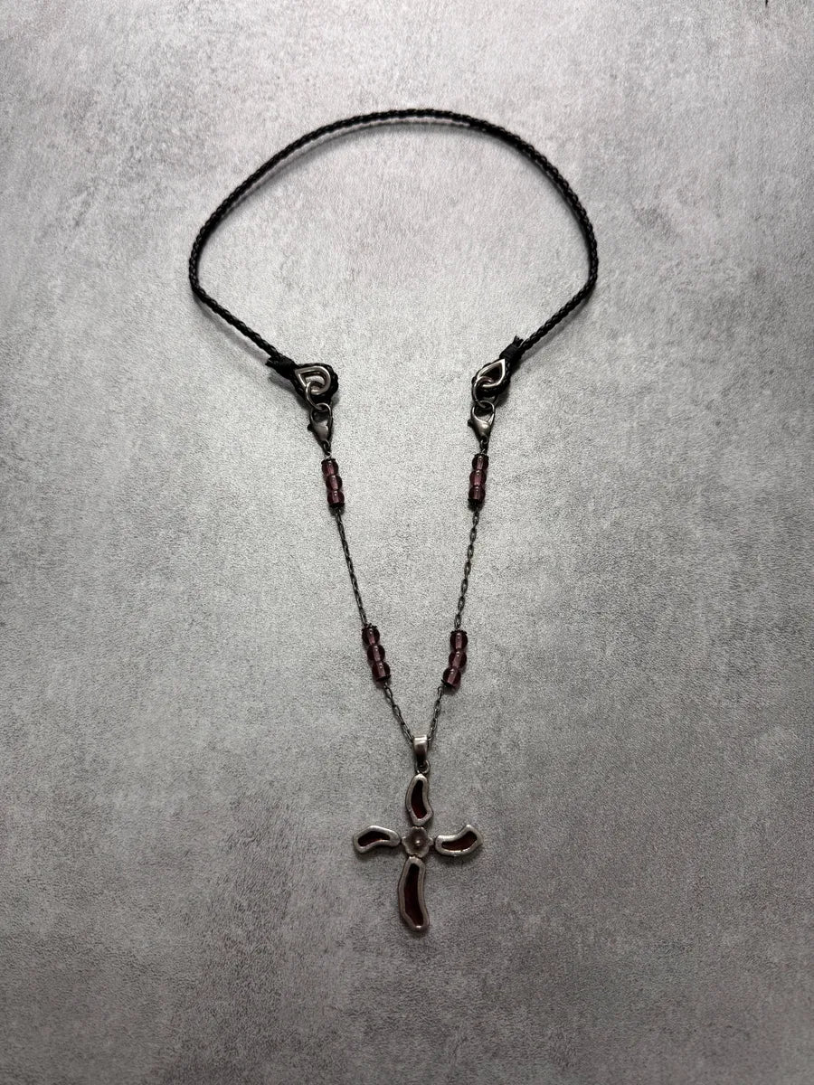 2000s Dolce & Gabbana Fantasy Cross Pendant Hybrid Leather and Steel Necklace (OS) 2