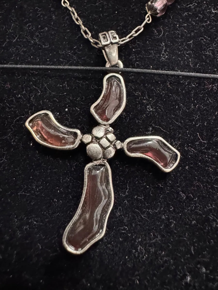 2000s Dolce & Gabbana Fantasy Cross Pendant Hybrid Leather and Steel Necklace (OS) 3