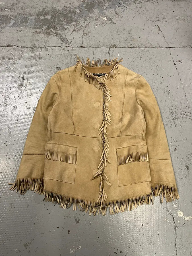 2000s Dolce & Gabbana Fringe Beige Suede Leather Jacket BxGEQGc 0