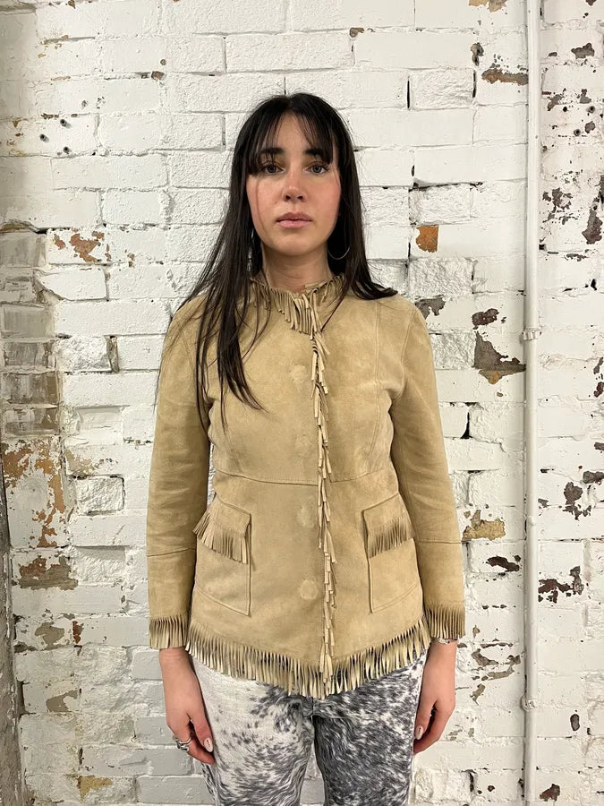 2000s Dolce & Gabbana Fringe Beige Suede Leather Jacket BxGEQGc 1