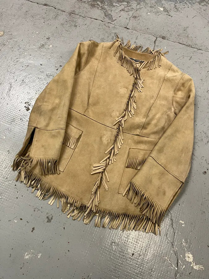 2000s Dolce & Gabbana Fringe Beige Suede Leather Jacket BxGEQGc 3