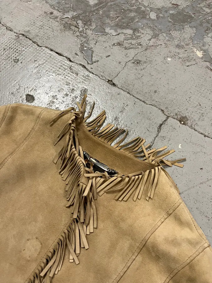 2000s Dolce & Gabbana Fringe Beige Suede Leather Jacket BxGEQGc 5