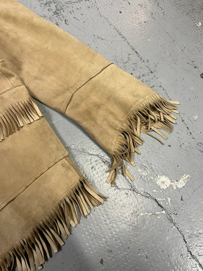 2000s Dolce & Gabbana Fringe Beige Suede Leather Jacket BxGEQGc 7