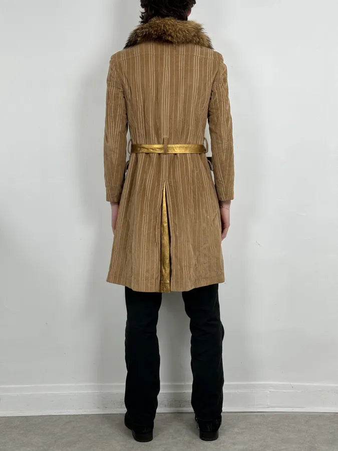 2000s Dolce & Gabbana Fur Collar Beige Corduroy Long Jacket swaGKFw 2