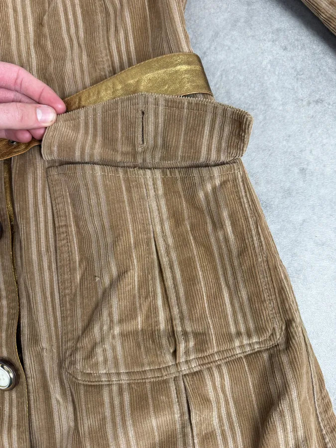 2000s Dolce & Gabbana Fur Collar Beige Corduroy Long Jacket swaGKFw 11