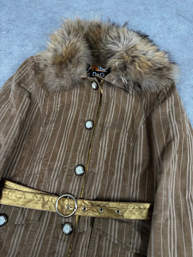 2000s Dolce & Gabbana Fur Collar Beige Corduroy Long Jacket swaGKFw 4