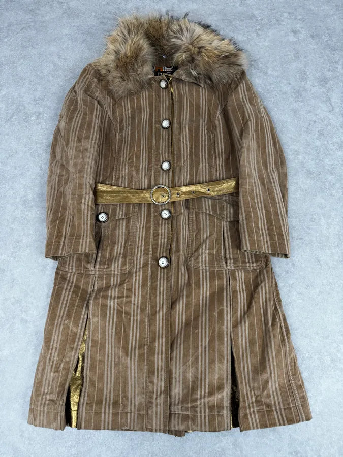 2000s Dolce & Gabbana Fur Collar Beige Corduroy Long Jacket swaGKFw 0