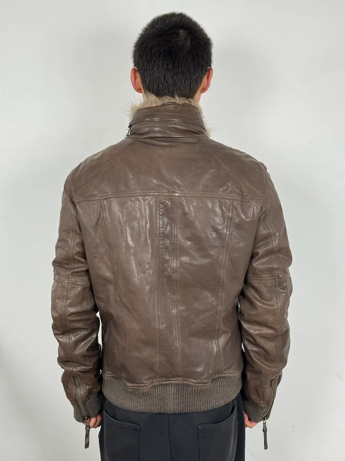 2000s Dolce & Gabbana Fur Collar Brown Leather Bomber Jacket PIXFkGR 2