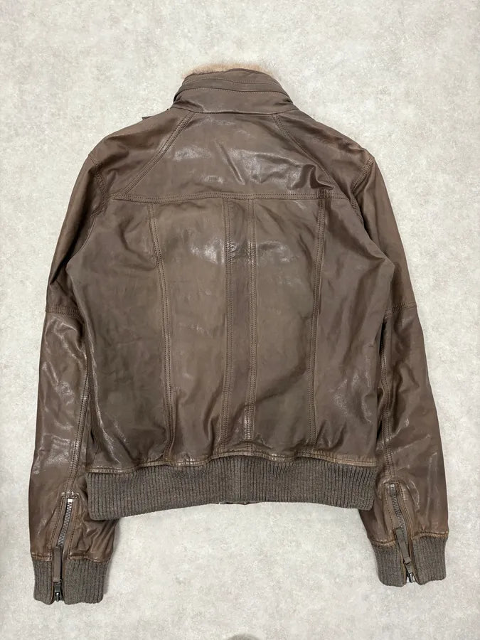 2000s Dolce & Gabbana Fur Collar Brown Leather Bomber Jacket PIXFkGR 6