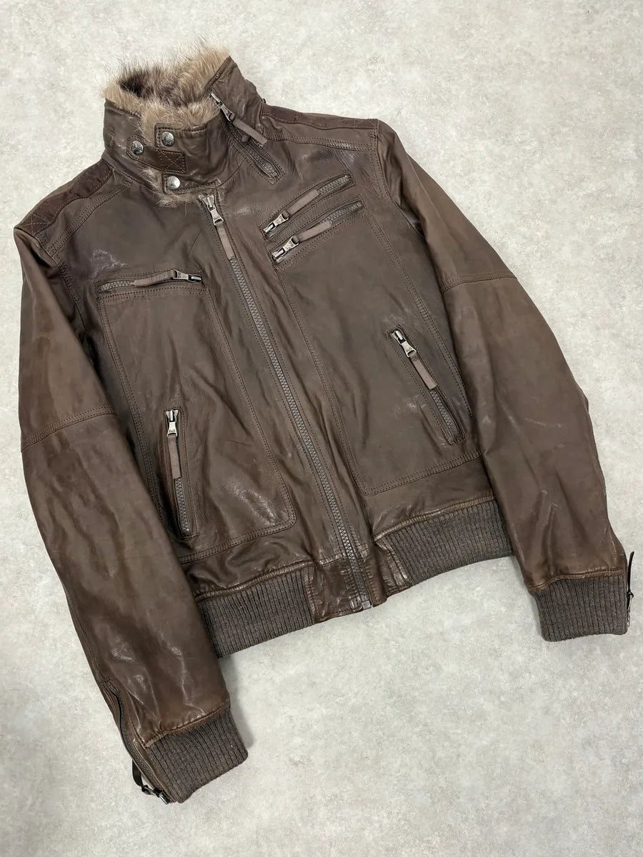 2000s Dolce & Gabbana Fur Collar Brown Leather Bomber Jacket PIXFkGR 3