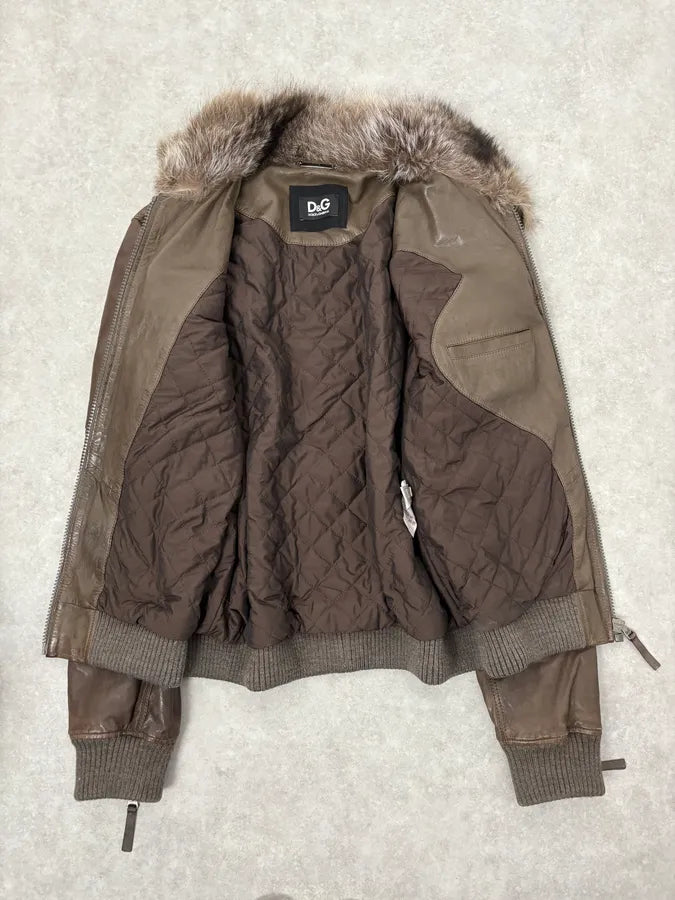 2000s Dolce & Gabbana Fur Collar Brown Leather Bomber Jacket PIXFkGR 7
