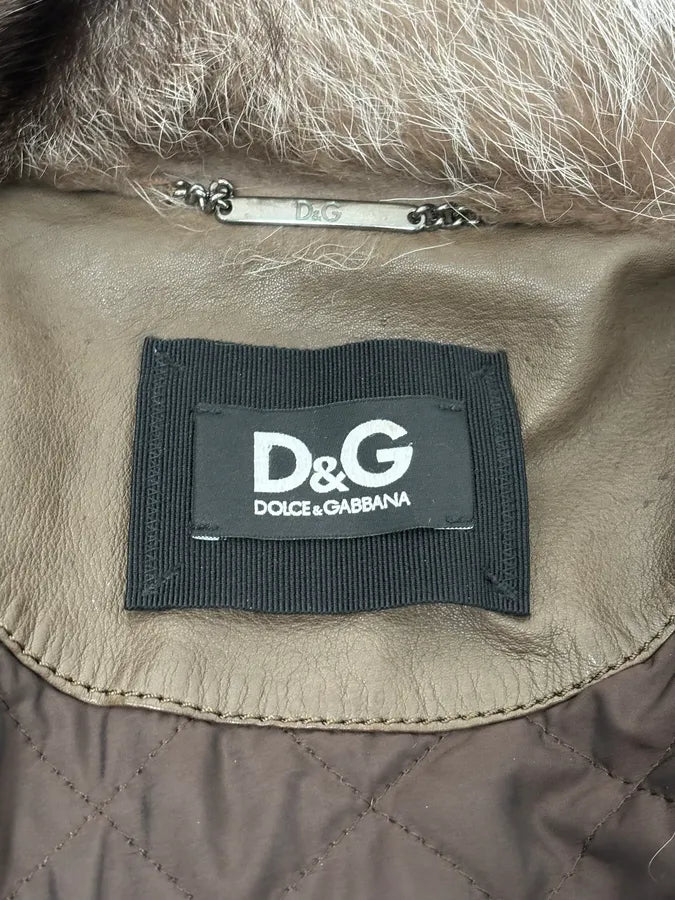 2000s Dolce & Gabbana Fur Collar Brown Leather Bomber Jacket PIXFkGR 8