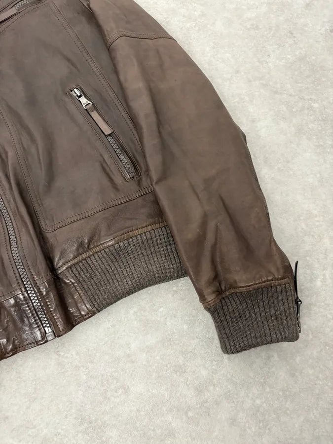 2000s Dolce & Gabbana Fur Collar Brown Leather Bomber Jacket PIXFkGR 5