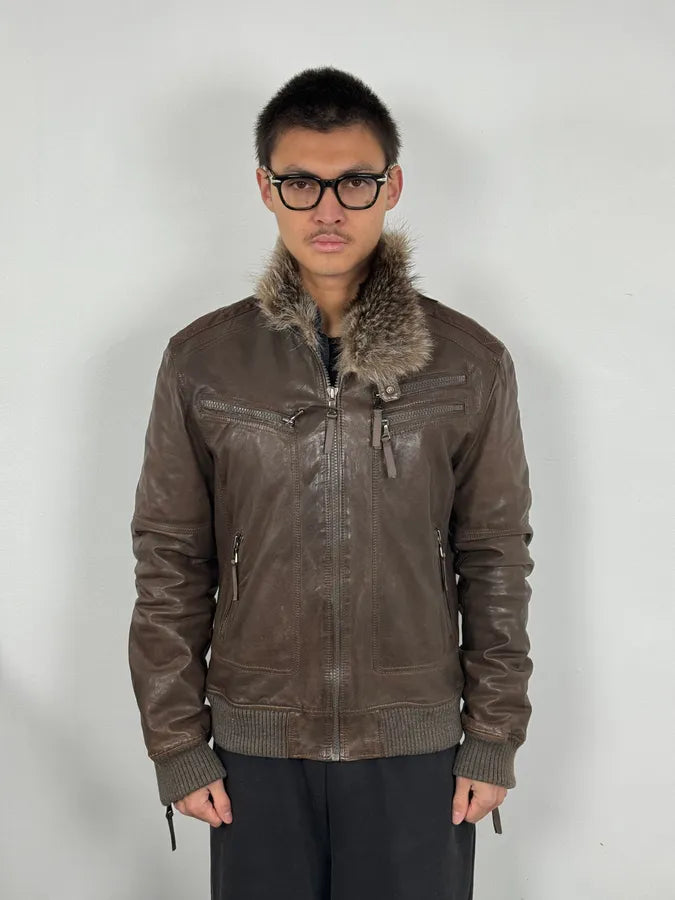 2000s Dolce & Gabbana Fur Collar Brown Leather Bomber Jacket PIXFkGR 1