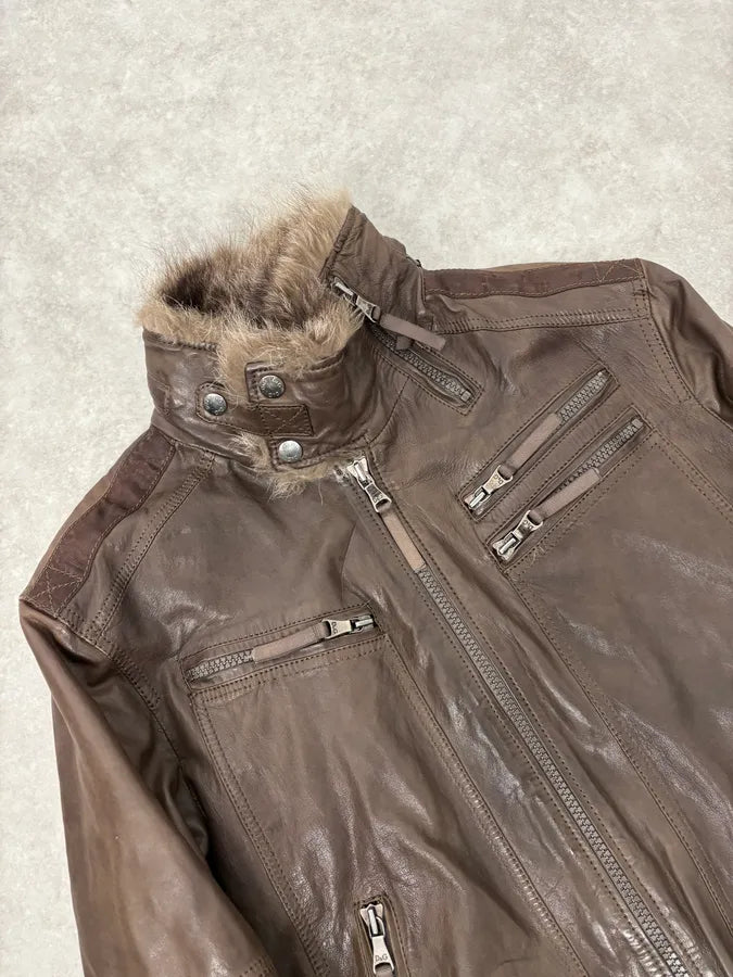 2000s Dolce & Gabbana Fur Collar Brown Leather Bomber Jacket PIXFkGR 4
