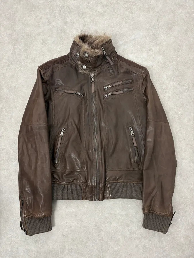 2000s Dolce & Gabbana Fur Collar Brown Leather Bomber Jacket PIXFkGR 0