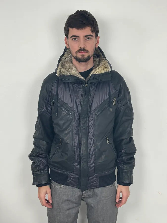 2000s Dolce & Gabbana Fur Hood Purple Hybrid Leather Bomber Jacket VcuOioU 2