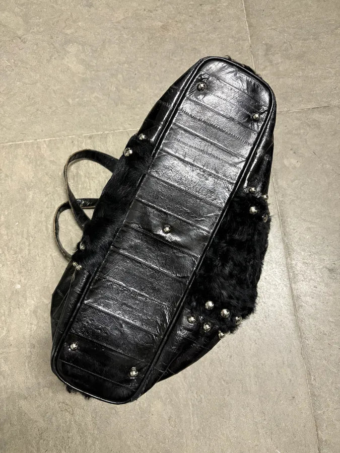 2000s Dolce & Gabbana Fur Studded Black Shiny Leather Handle Bag tBbkiBm 5