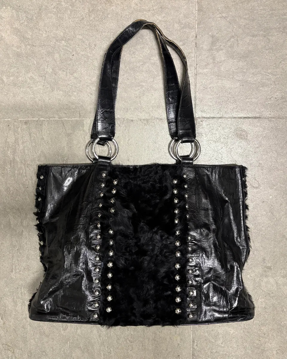 2000s Dolce & Gabbana Fur Studded Black Shiny Leather Handle Bag tBbkiBm 0