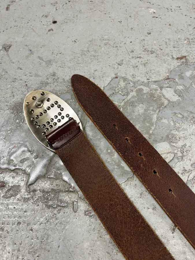 2000s Dolce & Gabbana Futuristic Golden & Silver Buckle Brown Leather Belt sLBhHRW 3