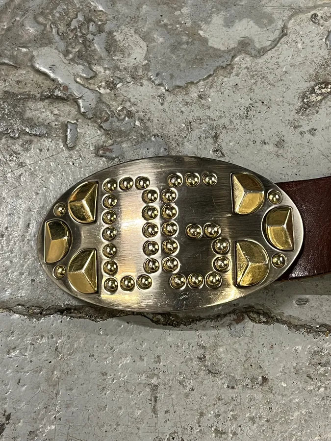 2000s Dolce & Gabbana Futuristic Golden & Silver Buckle Brown Leather Belt sLBhHRW 5
