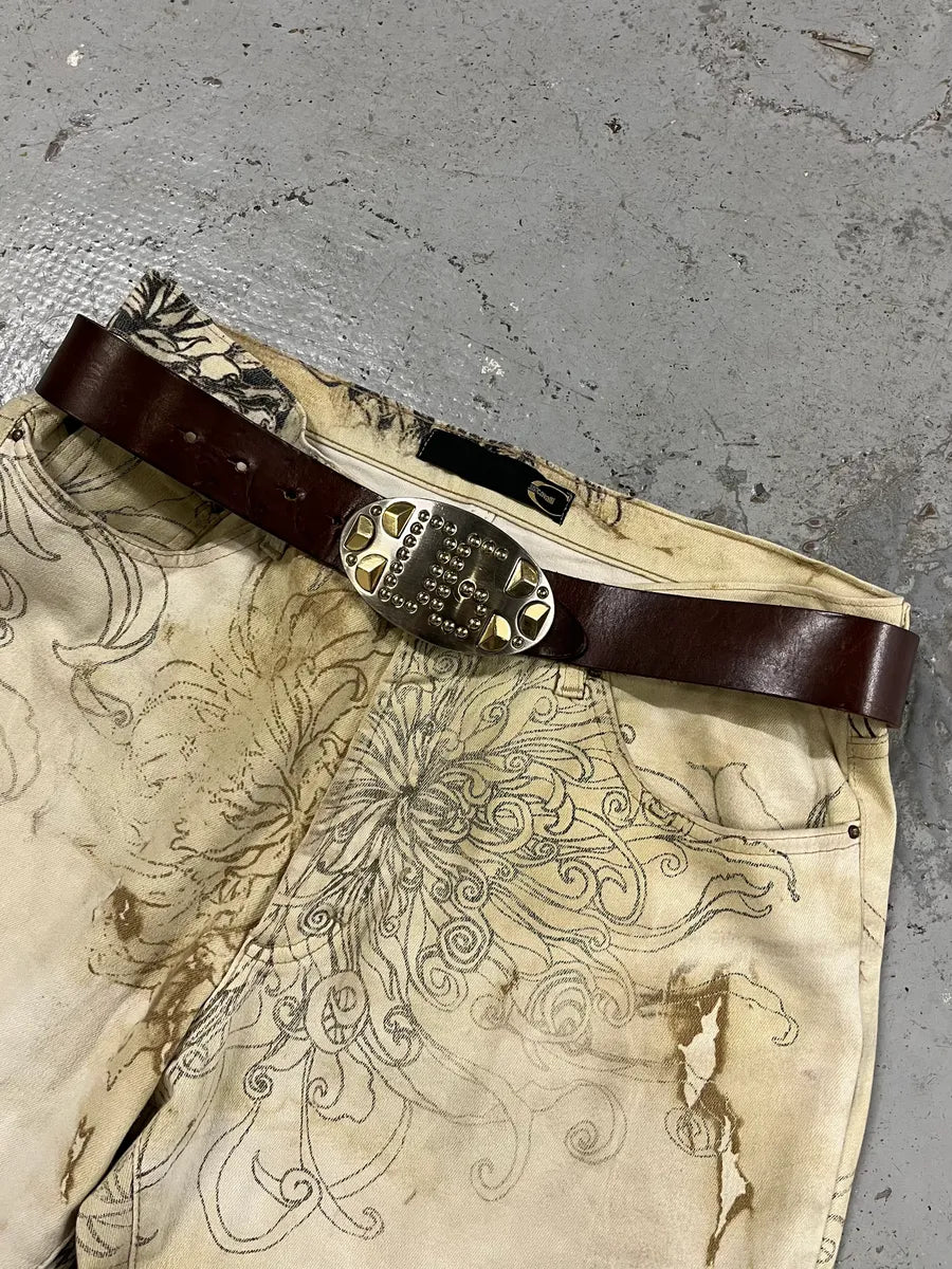 2000s Dolce & Gabbana Futuristic Golden & Silver Buckle Brown Leather Belt sLBhHRW 0