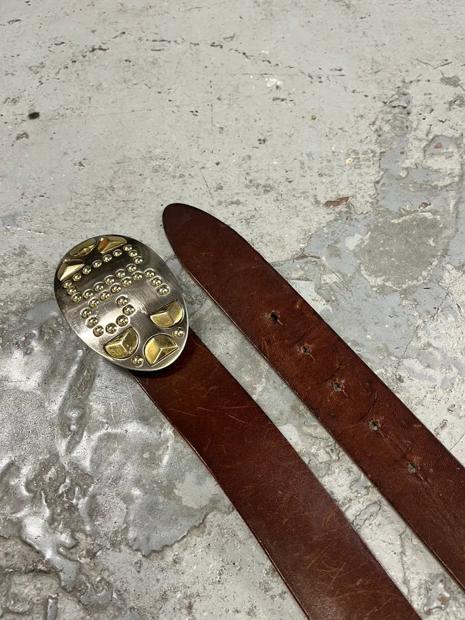 2000s Dolce & Gabbana Futuristic Golden & Silver Buckle Brown Leather Belt sLBhHRW 2