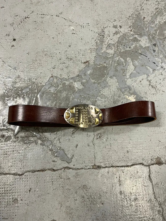 2000s Dolce & Gabbana Futuristic Golden & Silver Buckle Brown Leather Belt sLBhHRW 4