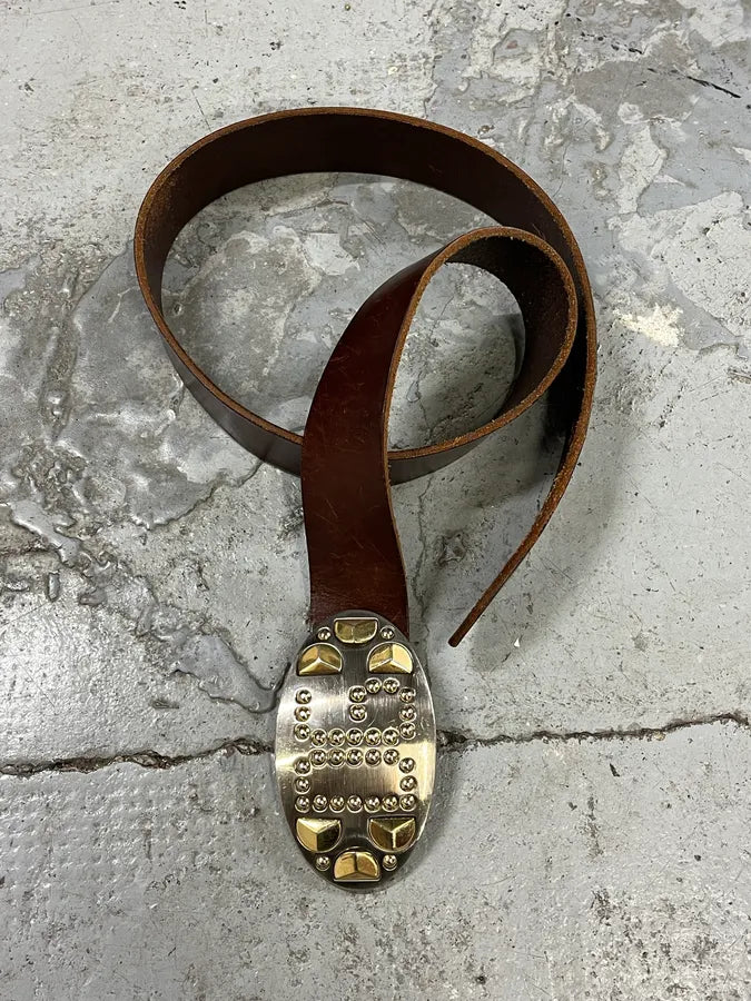 2000s Dolce & Gabbana Futuristic Golden & Silver Buckle Brown Leather Belt sLBhHRW 1