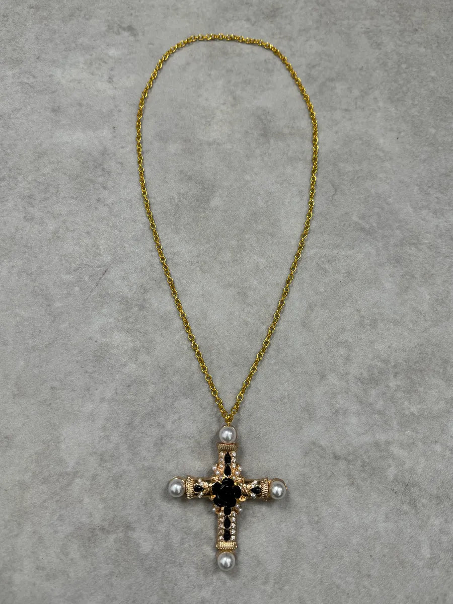 2000s Dolce & Gabbana Gold Cross Black Flower Necklace YhdBCVI 0