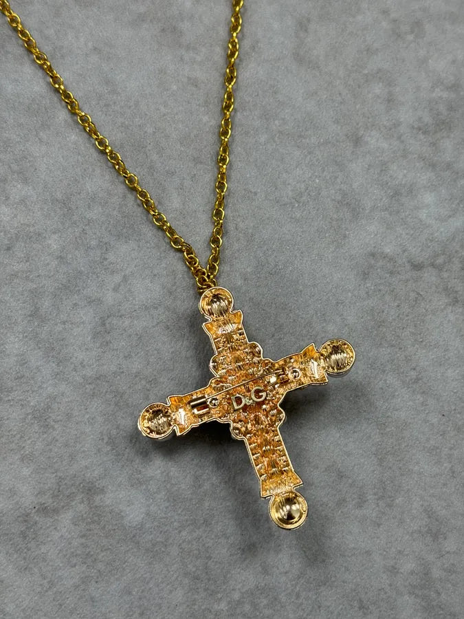 2000s Dolce & Gabbana Gold Cross Black Flower Necklace YhdBCVI 3