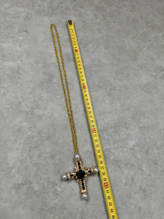 2000s Dolce & Gabbana Gold Cross Black Flower Necklace YhdBCVI 4