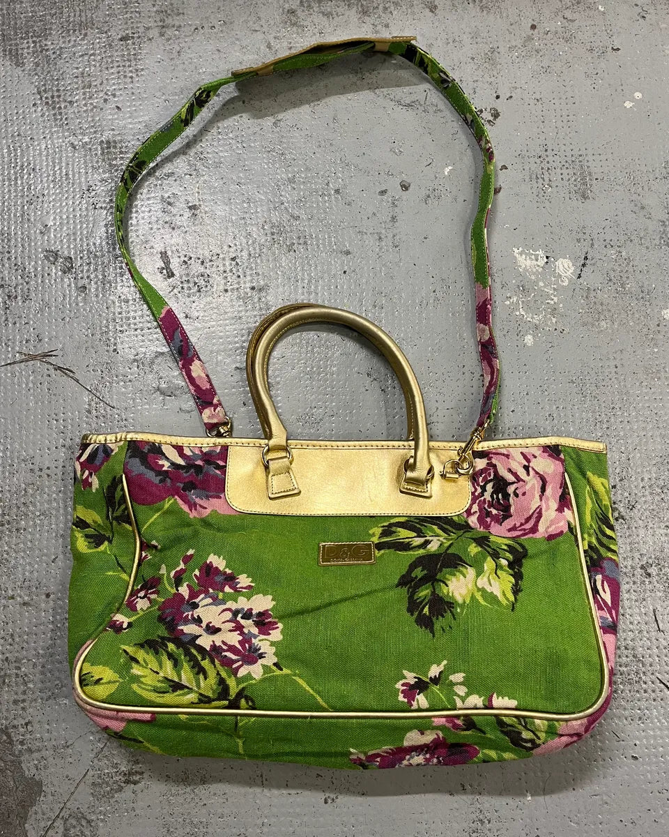 2000s Dolce & Gabbana Gold Leather Handle Green Floral Shoulder Bag oivJFOK 0