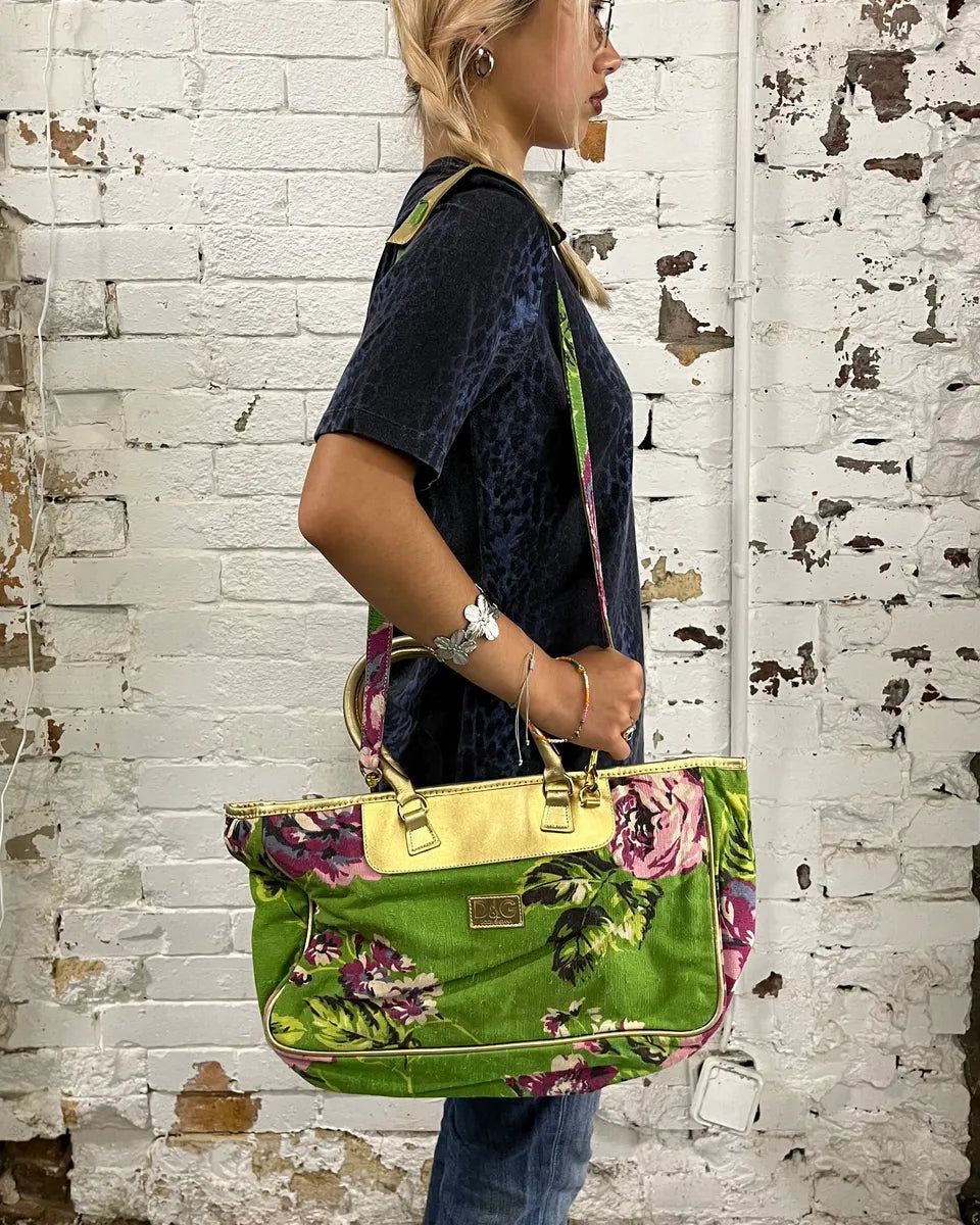 2000s Dolce & Gabbana Gold Leather Handle Green Floral Shoulder Bag oivJFOK 1