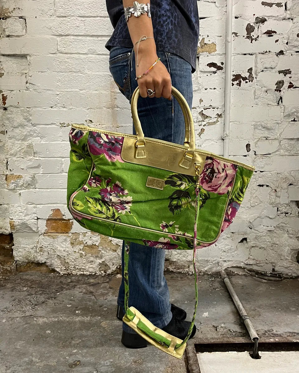 2000s Dolce & Gabbana Gold Leather Handle Green Floral Shoulder Bag oivJFOK 2