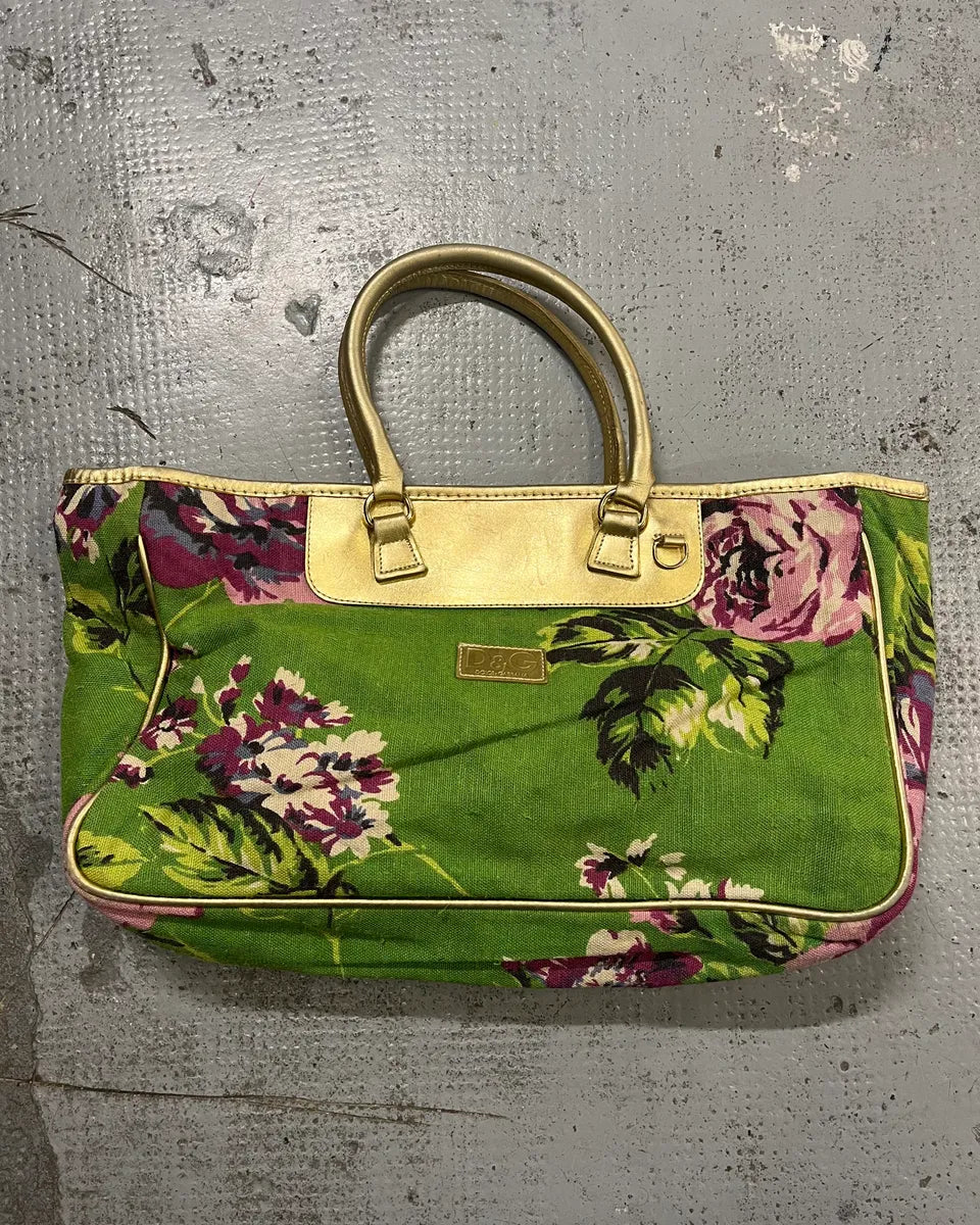 2000s Dolce & Gabbana Gold Leather Handle Green Floral Shoulder Bag oivJFOK 3