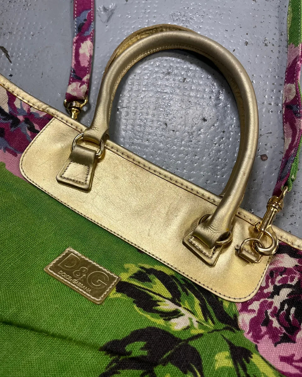 2000s Dolce & Gabbana Gold Leather Handle Green Floral Shoulder Bag oivJFOK 4