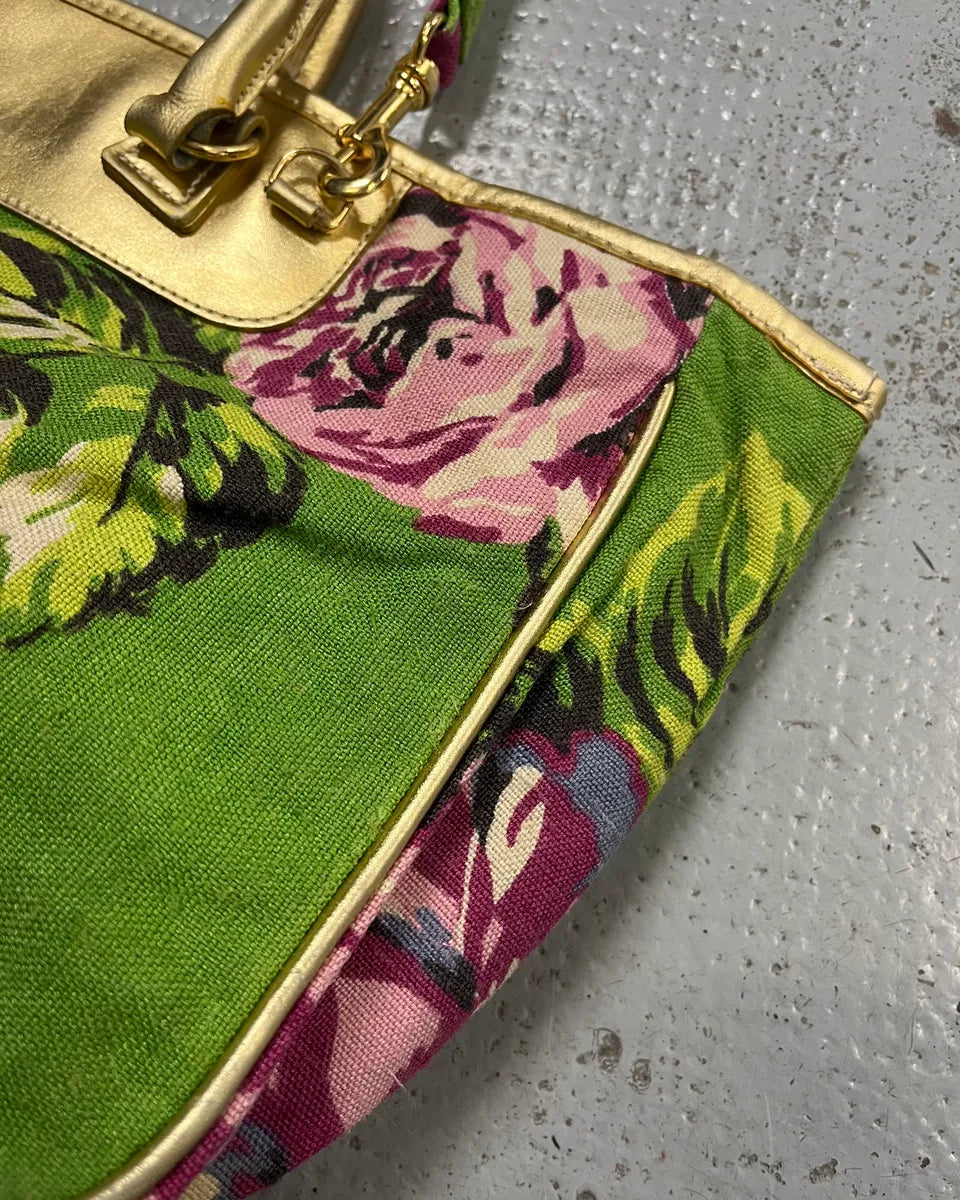 2000s Dolce & Gabbana Gold Leather Handle Green Floral Shoulder Bag oivJFOK 5