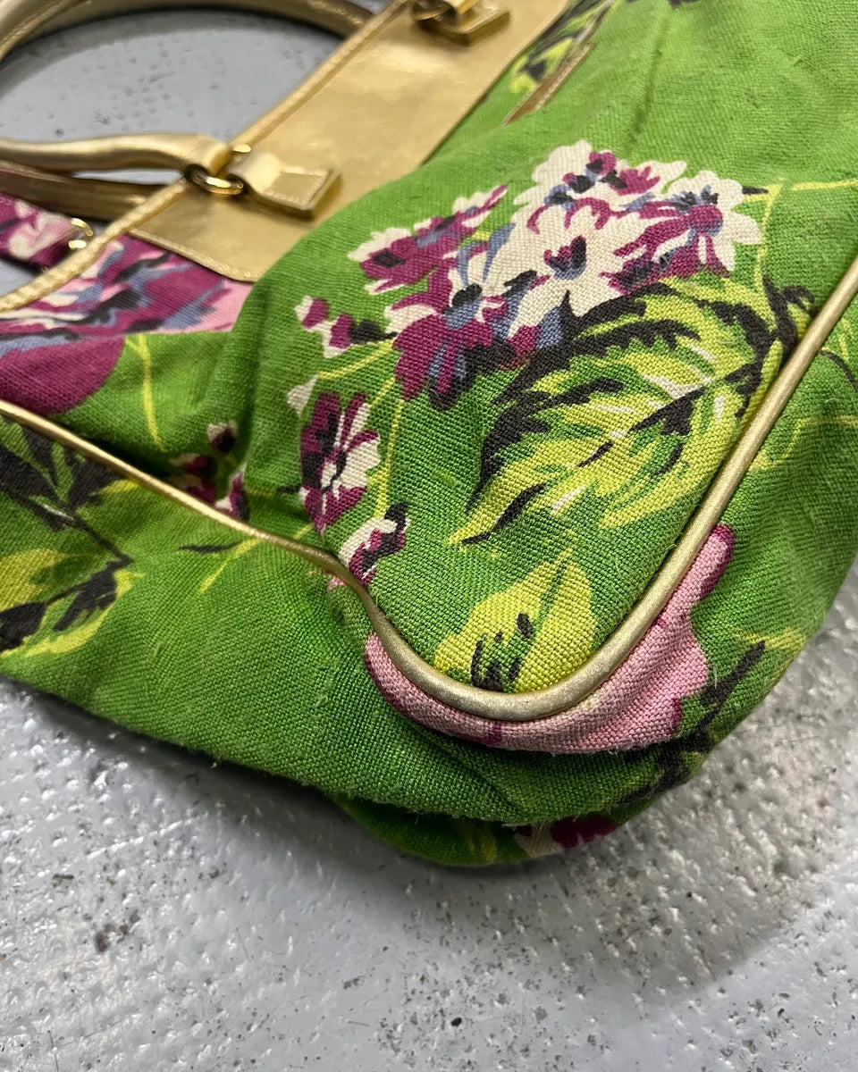 2000s Dolce & Gabbana Gold Leather Handle Green Floral Shoulder Bag oivJFOK 6