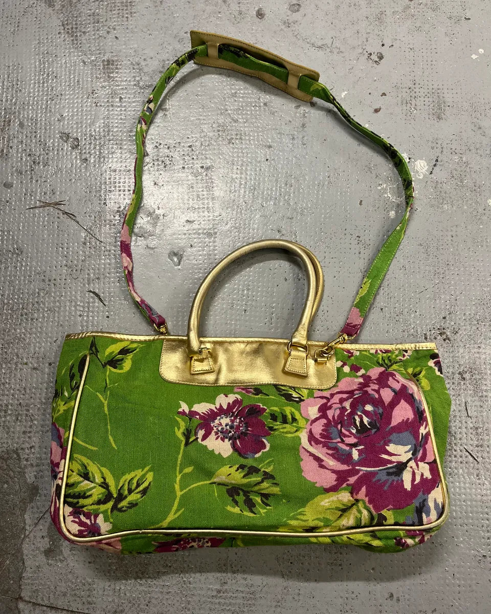 2000s Dolce & Gabbana Gold Leather Handle Green Floral Shoulder Bag oivJFOK 8