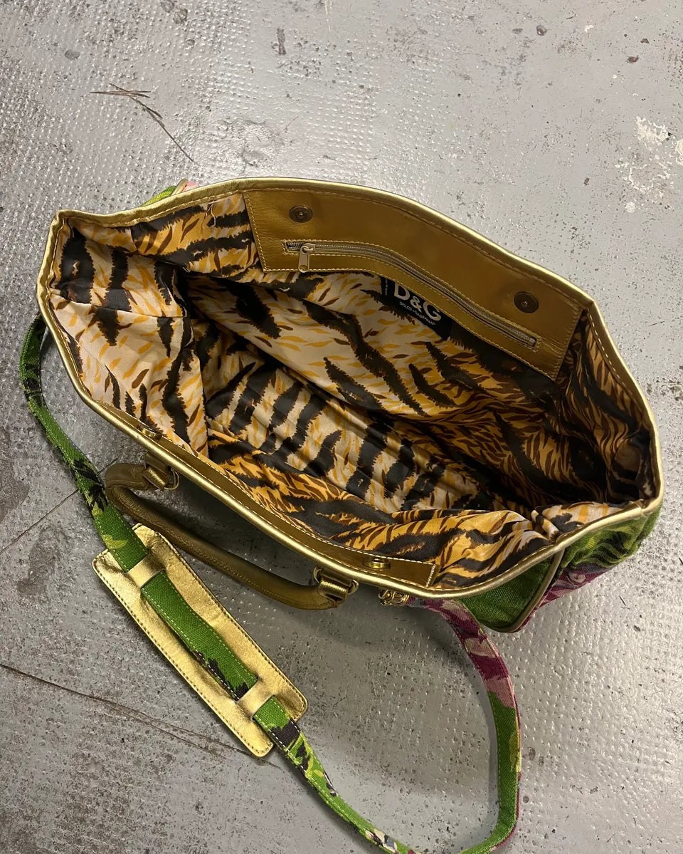 2000s Dolce & Gabbana Gold Leather Handle Green Floral Shoulder Bag oivJFOK 9