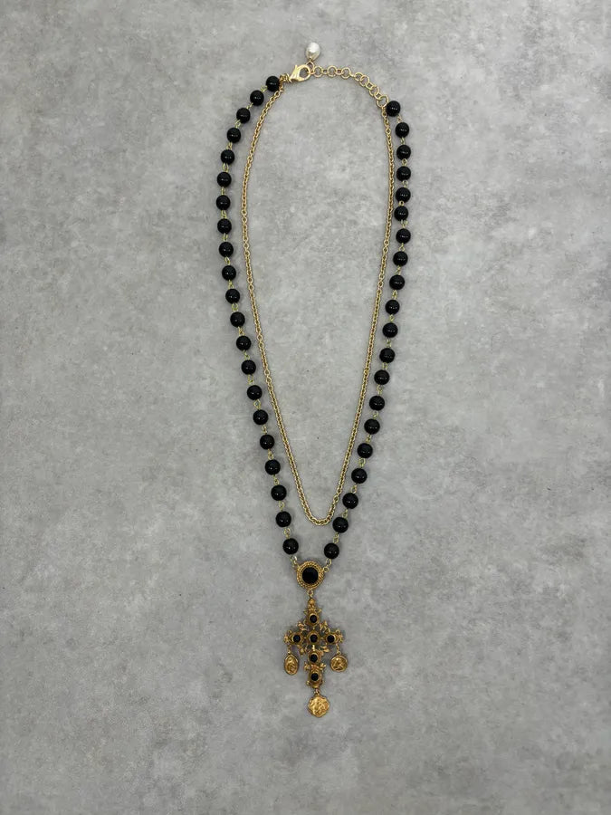 2000s Dolce & Gabbana Golden Baroque Sacred Cross Black Pearl Necklace iSTNEwF 0